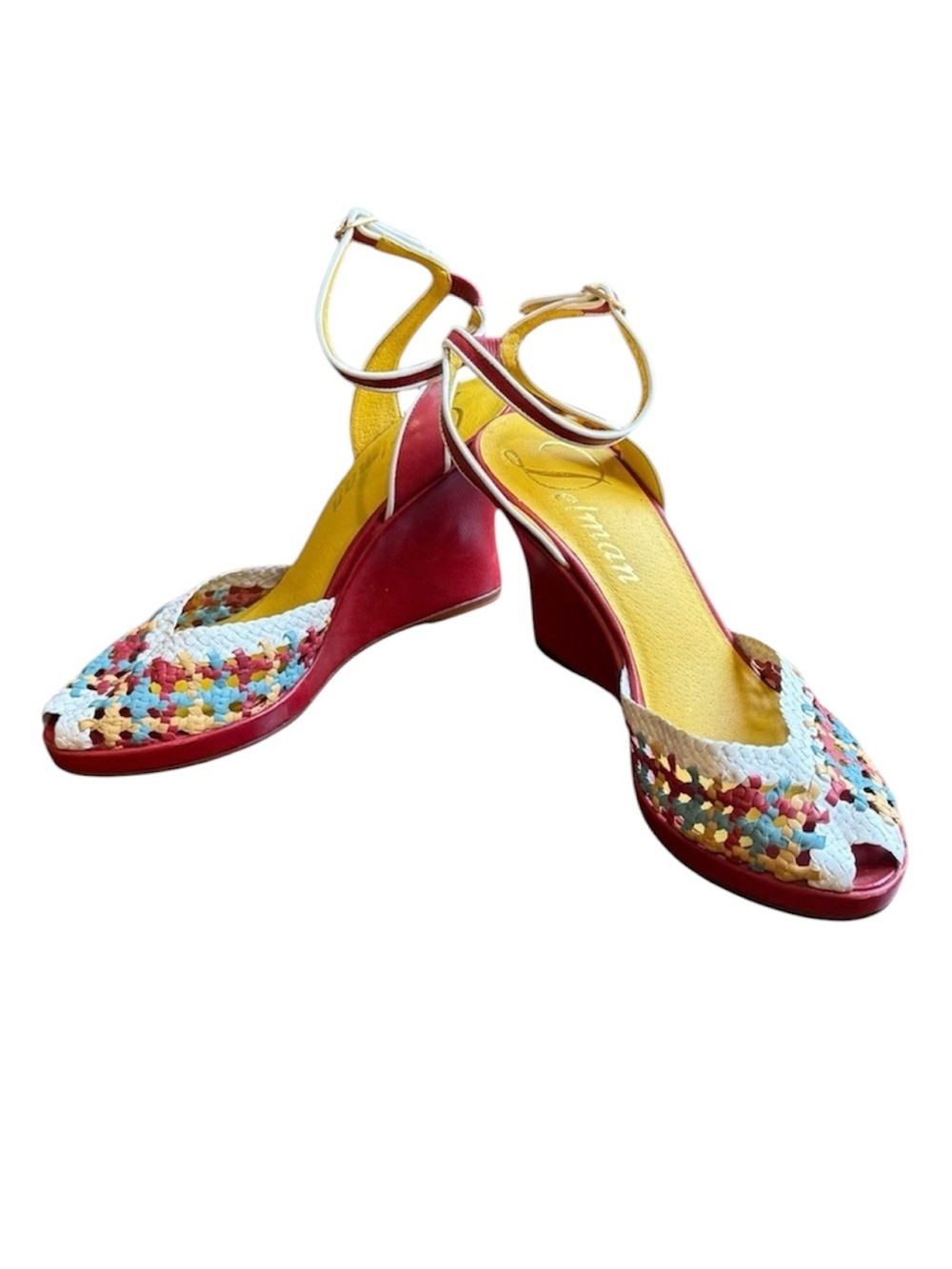 NWOT Delman Red/Yellow Leather Woven Peep toe Sandals 4” heel Size 8 MSRP $295
